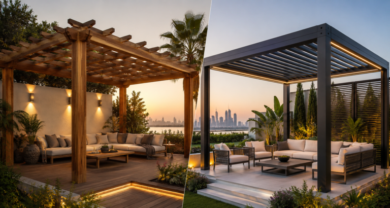 Compare wood and aluminum pergolas to find the best pergola material for Dubai's climate