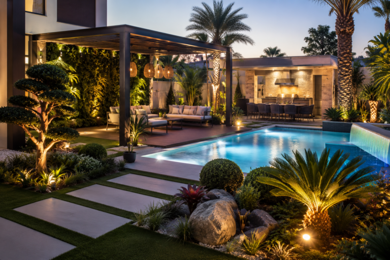 Top landscaping trends in Dubai featuring luxury villa garden with pergola, pool, and modern outdoor living space