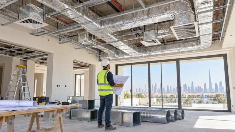 Professional AC installation service in Dubai showing HVAC technicians installing insulated AC ducts above the ceiling of a modern villa.