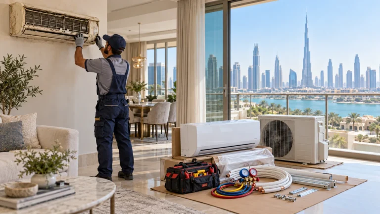 Professional AC installation service in Dubai with an HVAC technician assessing an old air conditioner for repair or replacement.