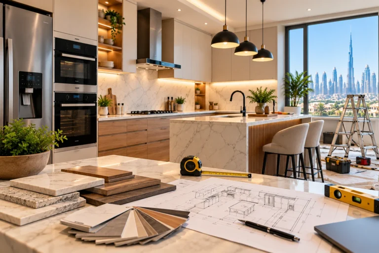 Modern kitchen renovation in Dubai with new cabinets, quartz countertops and built-in appliances