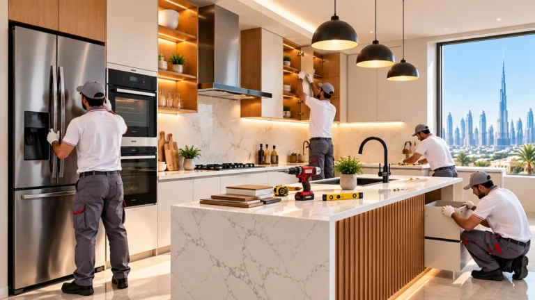 Modern kitchen renovation in Dubai featuring custom cabinets, countertops and built-in appliances