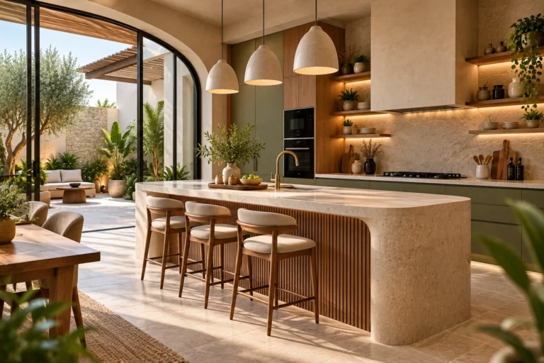 Modern Dubai kitchen renovation with quartz countertops, moisture-resistant cabinets, porcelain flooring and integrated appliances
