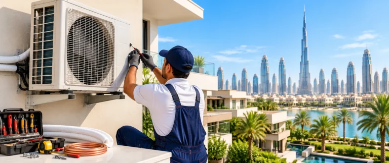 Professional AC installation service in Dubai showing an HVAC technician installing an air conditioning system in a modern residential property.