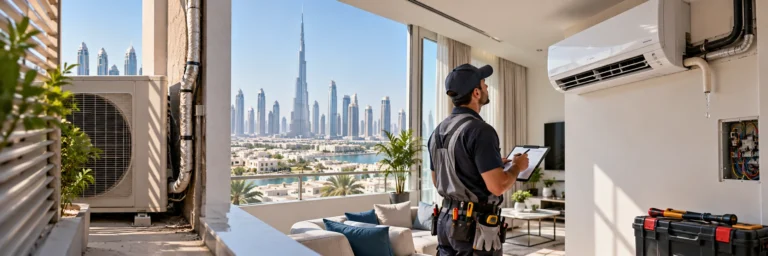 HVAC technician performing professional AC repair and installation in Dubai to prevent common air conditioner installation mistakes.