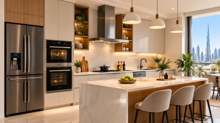 Popular kitchen appliances for renovations in Dubai homes, including built-in oven, induction hob and integrated refrigerator
